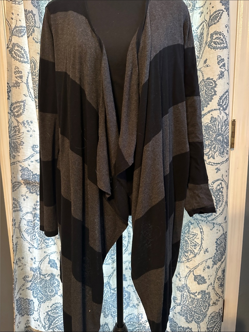 LOFT Black & Charcoal Striped Draped Open-Front Cardigan